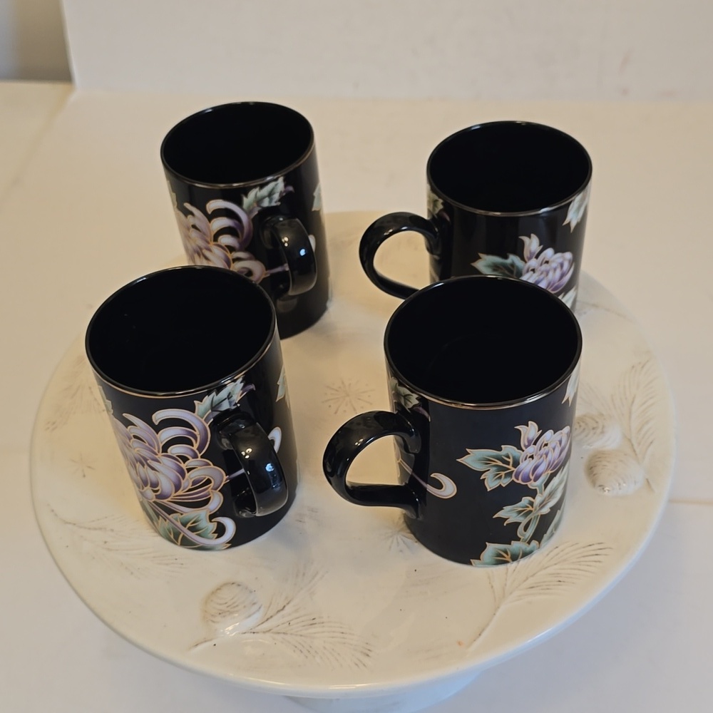 Vintage Set of 4 Fitz and Floyd Kiku Japan Fine Porcelain Cups Mugs Floral Black